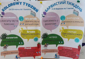 Plakat w polskiej i ukraińskiej wersji językowej przedstawiający zadania na każdy z kolorowych dni tygodnia.
